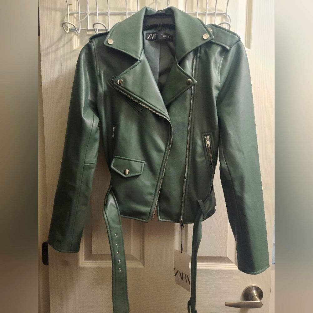 NWT Large Zara PU Leather brand Green Jacket